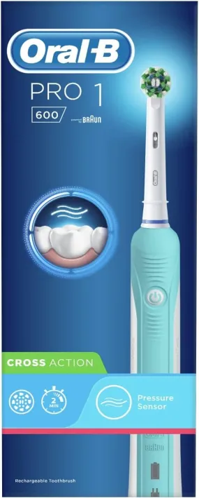 Oral-B Pro 1 Electric Toothbrushes For Adults With Pressure Sensor, Valentines Day Gifts For Him / Her, 1 Handle, 1 Cross Action Toothbrush Head, 1 Mode with 3D Cleaning, 2 Pin UK Plug, 600, Blue