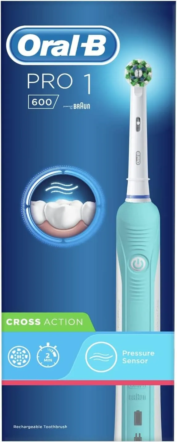 Oral-B Pro 1 Electric Toothbrushes For Adults With Pressure Sensor, Valentines Day Gifts For Him / Her, 1 Handle, 1 Cross Action Toothbrush Head, 1 Mode with 3D Cleaning, 2 Pin UK Plug, 600, Blue