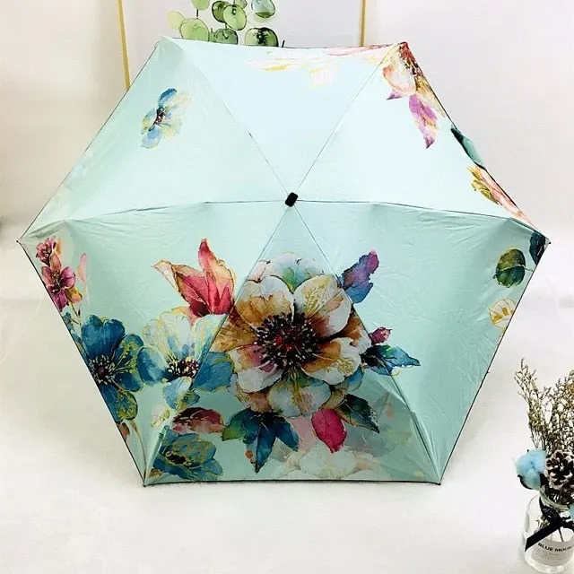 PALIONY New five folding compact and portable ultralight slim pocket mini printed with fashionable flower pattern outdoor travel uv and wind protection women's and children's sunny and rainy umbrella.