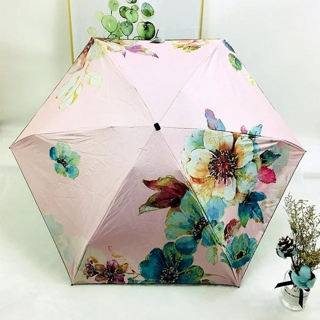 PALIONY New five folding compact and portable ultralight slim pocket mini printed with fashionable flower pattern outdoor travel uv and wind protection women's and children's sunny and rainy umbrella.