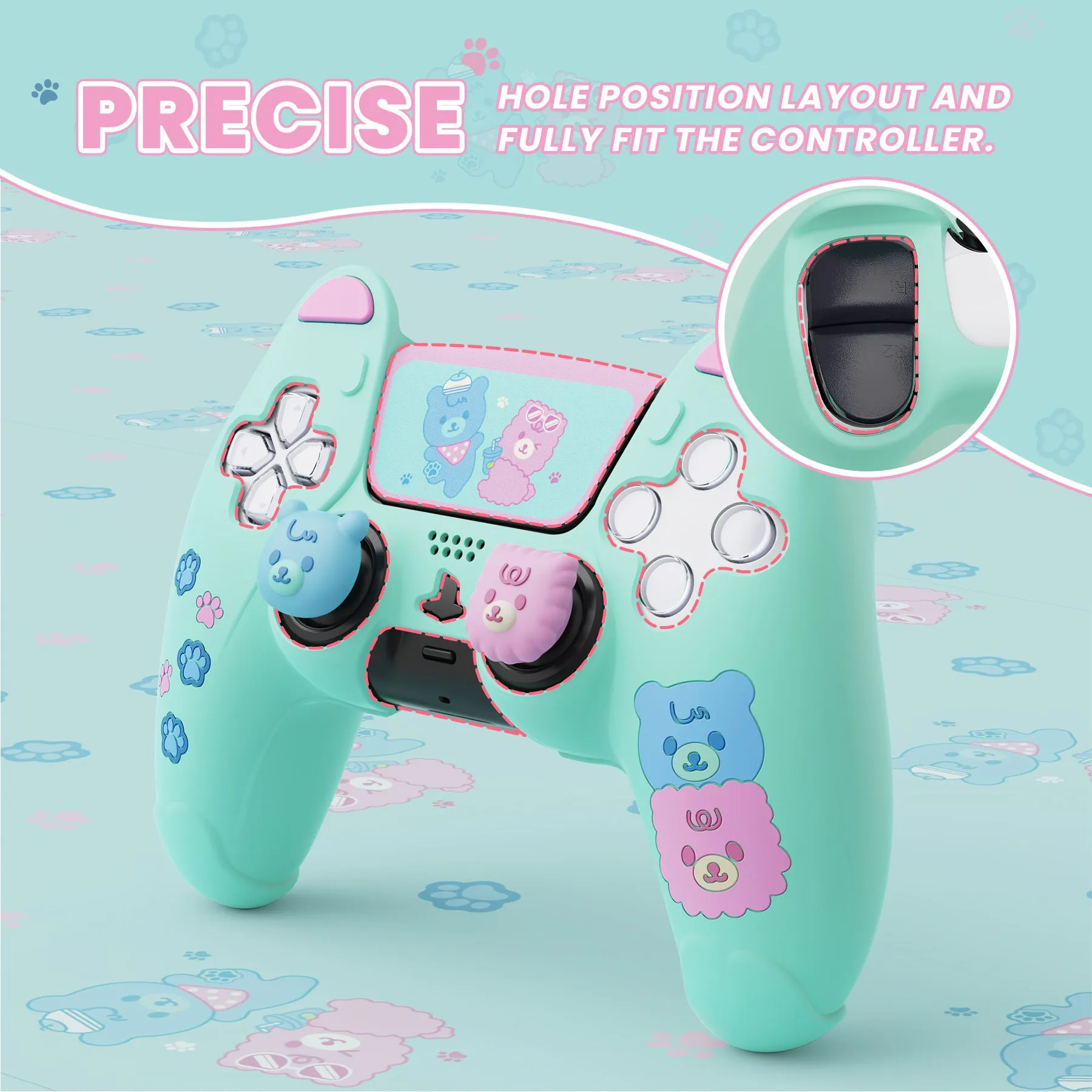 PlayVital Cute Bear Controller Silicone Case for ps5, Kawaii Controller Cover Compatible with Charging Station, Gamepad Skin Protector for ps5 with Touch Pad Sticker & Thumb Grips - Green & Red - UYBPFP004