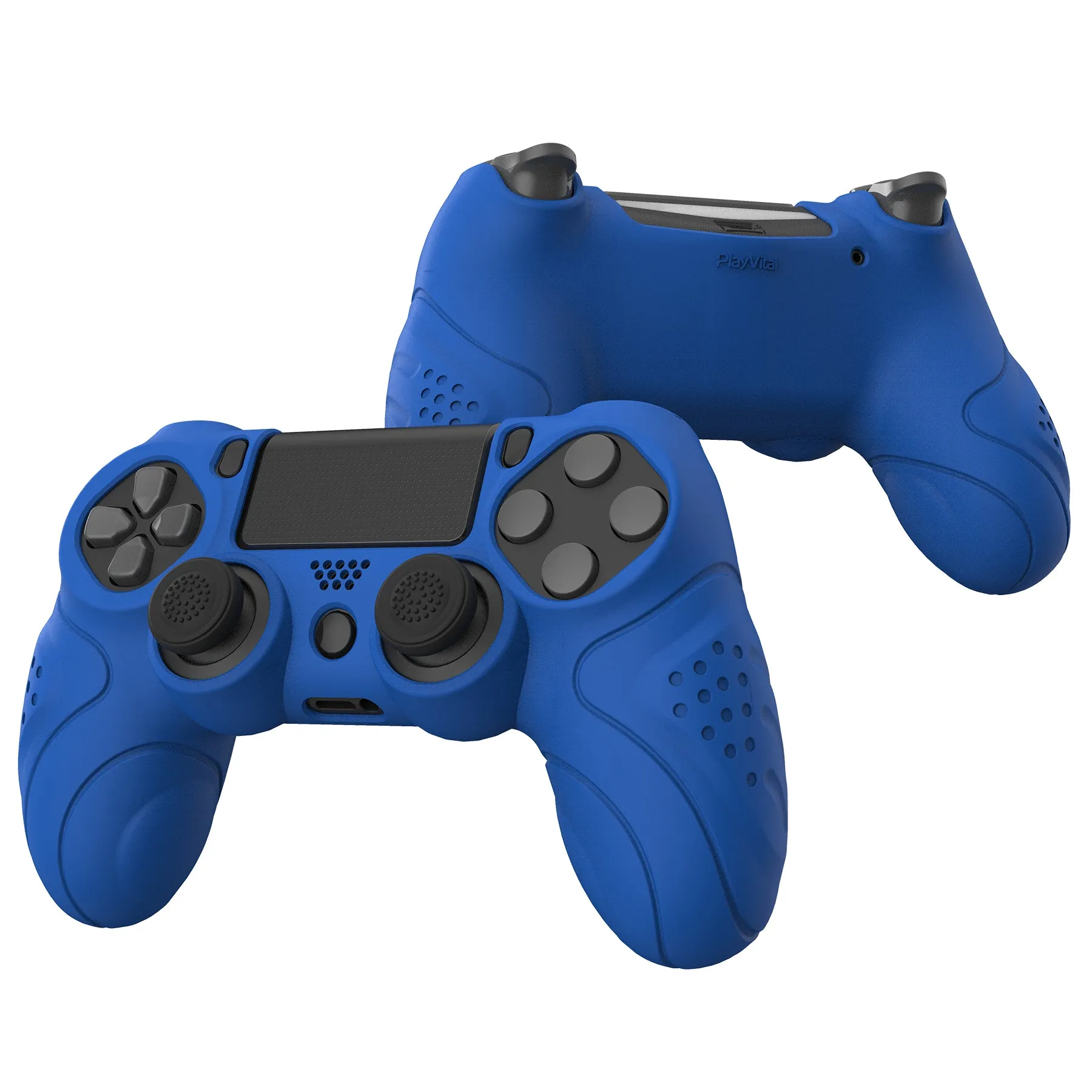 PlayVital Guardian Edition Blue Ergonomic Soft Anti-Slip Controller Silicone Case Cover for PS4, Rubber Protector Skins with black Joystick Caps for PS4 Slim PS4 Pro Controller - P4CC0064