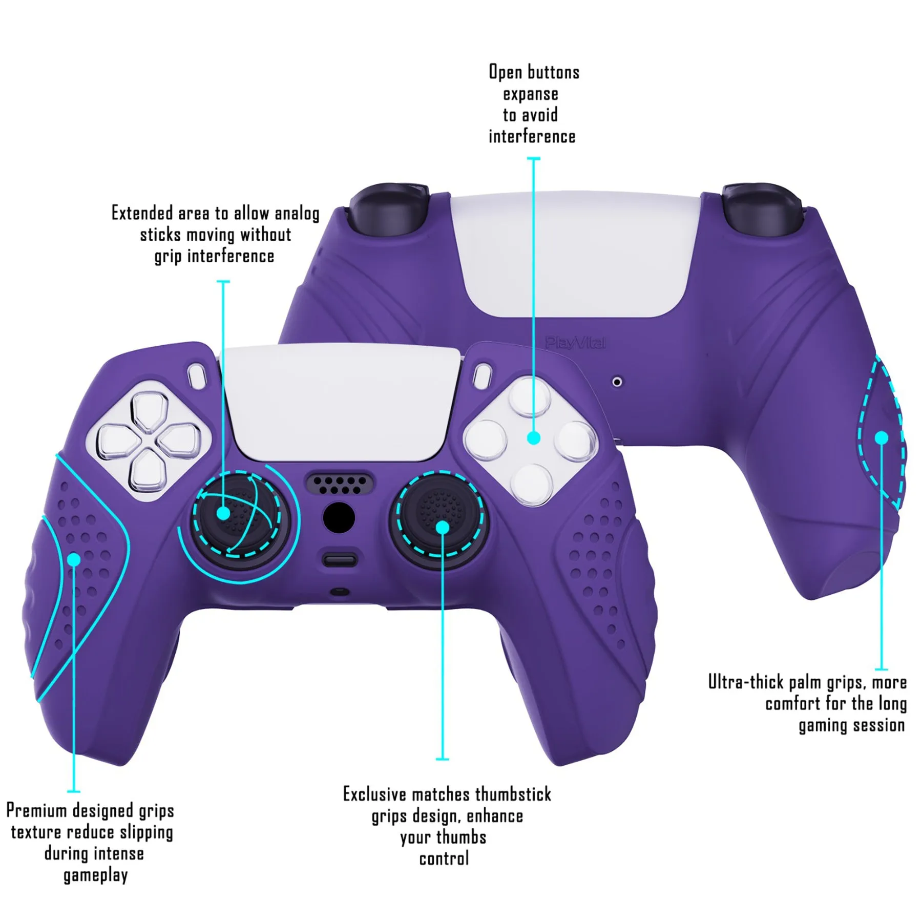 PlayVital Guardian Edition Purple Ergonomic Soft Anti-slip Controller Silicone Case Cover, Rubber Protector Skins with Black Joystick Caps for PS5 Controller - YHPF007