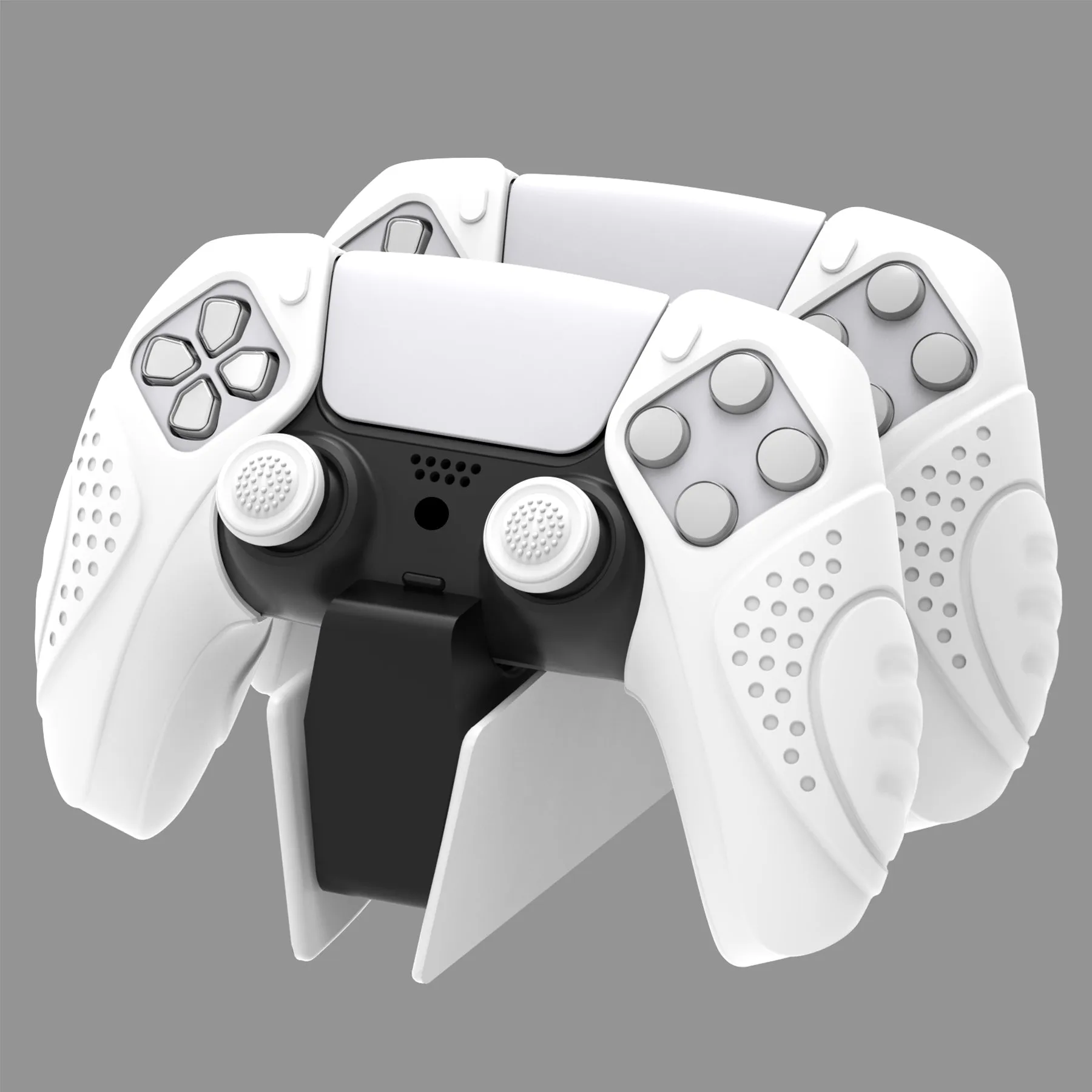 PlayVital Guardian Edition White Ergonomic Soft Controller Silicone Case Grips for PS5, Rubber Protector Skins with Thumbstick Caps for PS5 Controller – Compatible with Charging Station - YHPF027