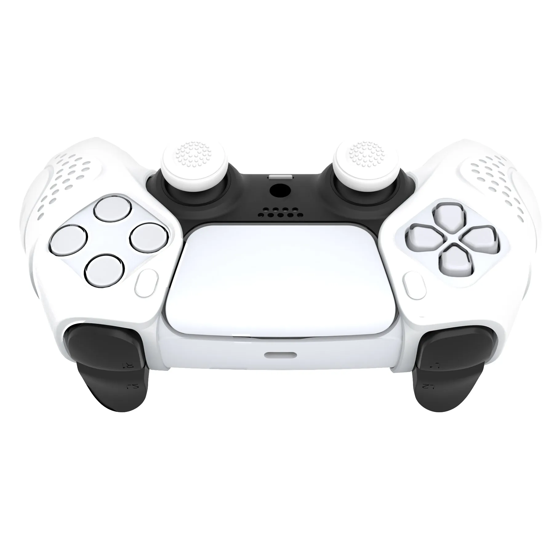 PlayVital Guardian Edition White Ergonomic Soft Controller Silicone Case Grips for PS5, Rubber Protector Skins with Thumbstick Caps for PS5 Controller – Compatible with Charging Station - YHPF027