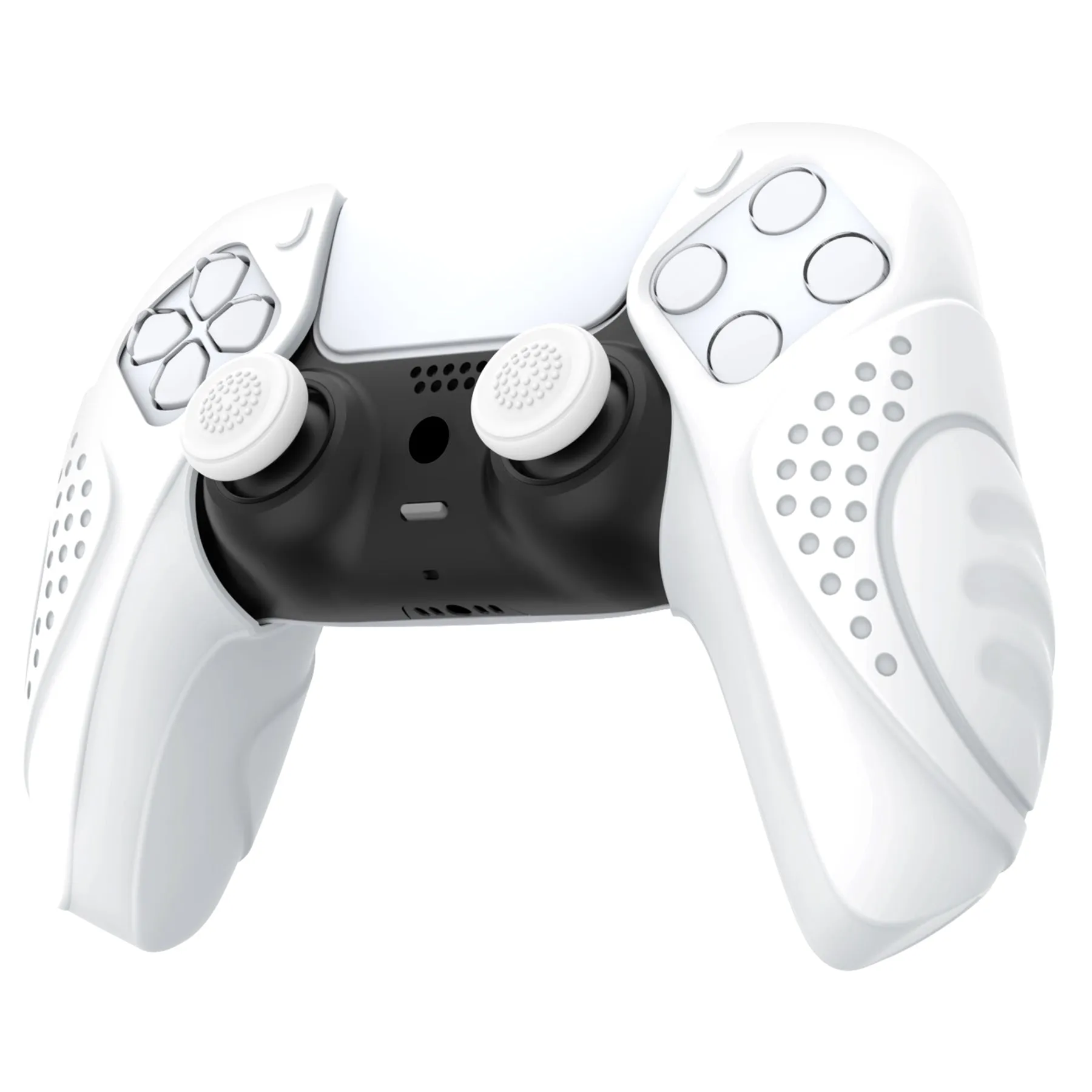 PlayVital Guardian Edition White Ergonomic Soft Controller Silicone Case Grips for PS5, Rubber Protector Skins with Thumbstick Caps for PS5 Controller – Compatible with Charging Station - YHPF027