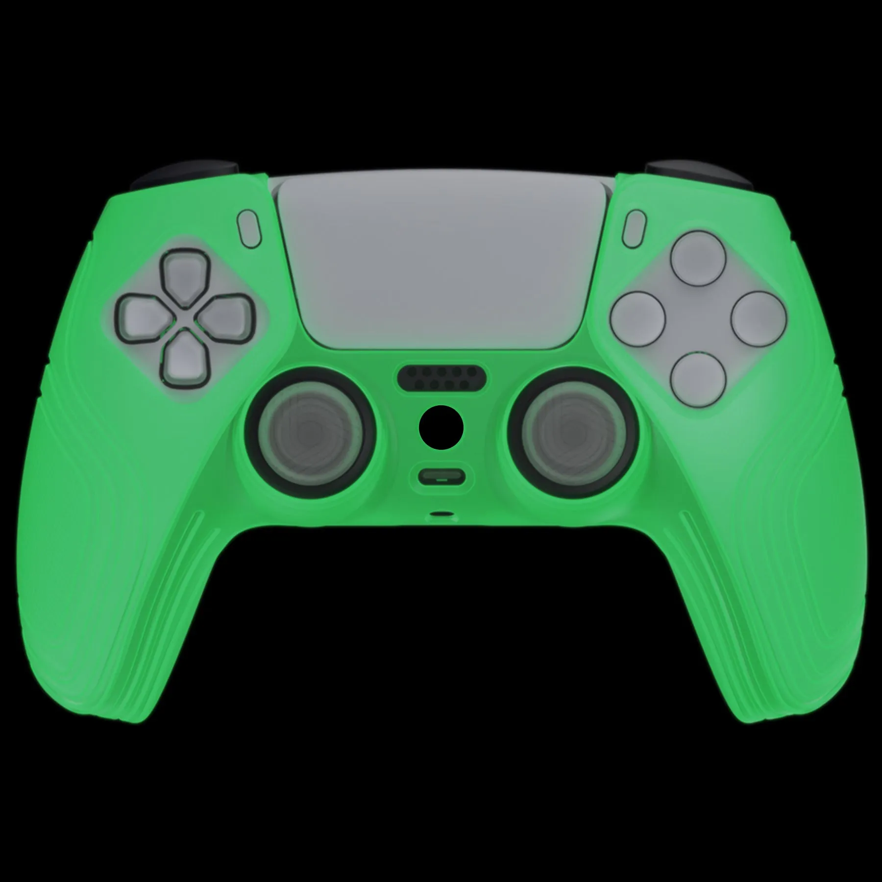 PlayVital Samurai Edition Glow in Dark - Green Anti-Slip Controller Silicone Skin for PS5 Controller, Ergonomic Soft Rubber Protective Case for PS 5 Controller with Clear White Thumb Stick Caps - BWPF014