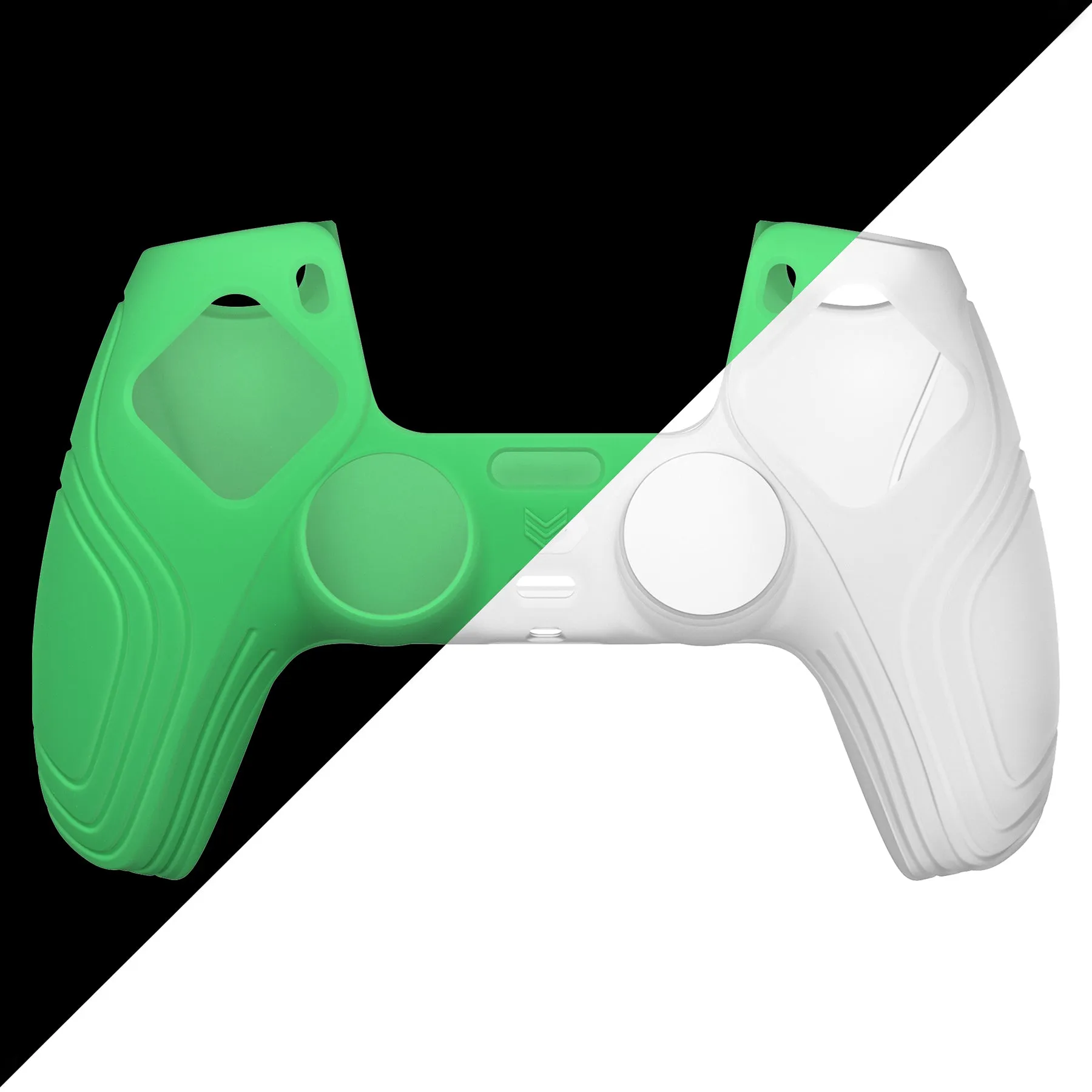 PlayVital Samurai Edition Glow in Dark - Green Anti-Slip Controller Silicone Skin for PS5 Controller, Ergonomic Soft Rubber Protective Case for PS 5 Controller with Clear White Thumb Stick Caps - BWPF014