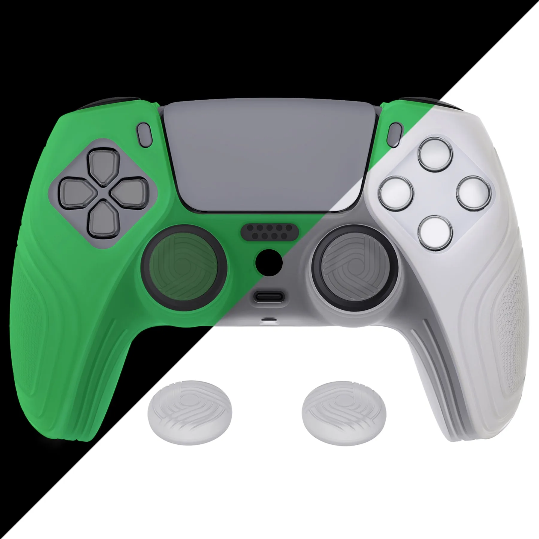 PlayVital Samurai Edition Glow in Dark - Green Anti-Slip Controller Silicone Skin for PS5 Controller, Ergonomic Soft Rubber Protective Case for PS 5 Controller with Clear White Thumb Stick Caps - BWPF014