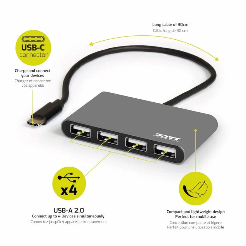 Port Usb Type-C To 4 X Usb2.0 480Mbs 4 Port Hub - Black