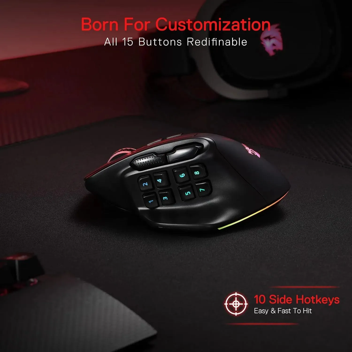 Redragon Aatrox M811 Pro Wireless MMO Mouse: With 10 Side Macro Buttons and RGB Lighting