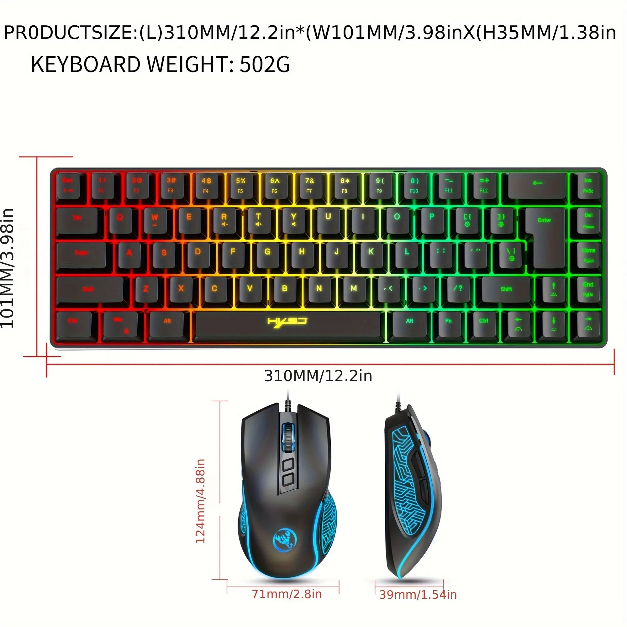 RGB Keyboard And Gaming Mouse , Compact 68 Keys Backlit