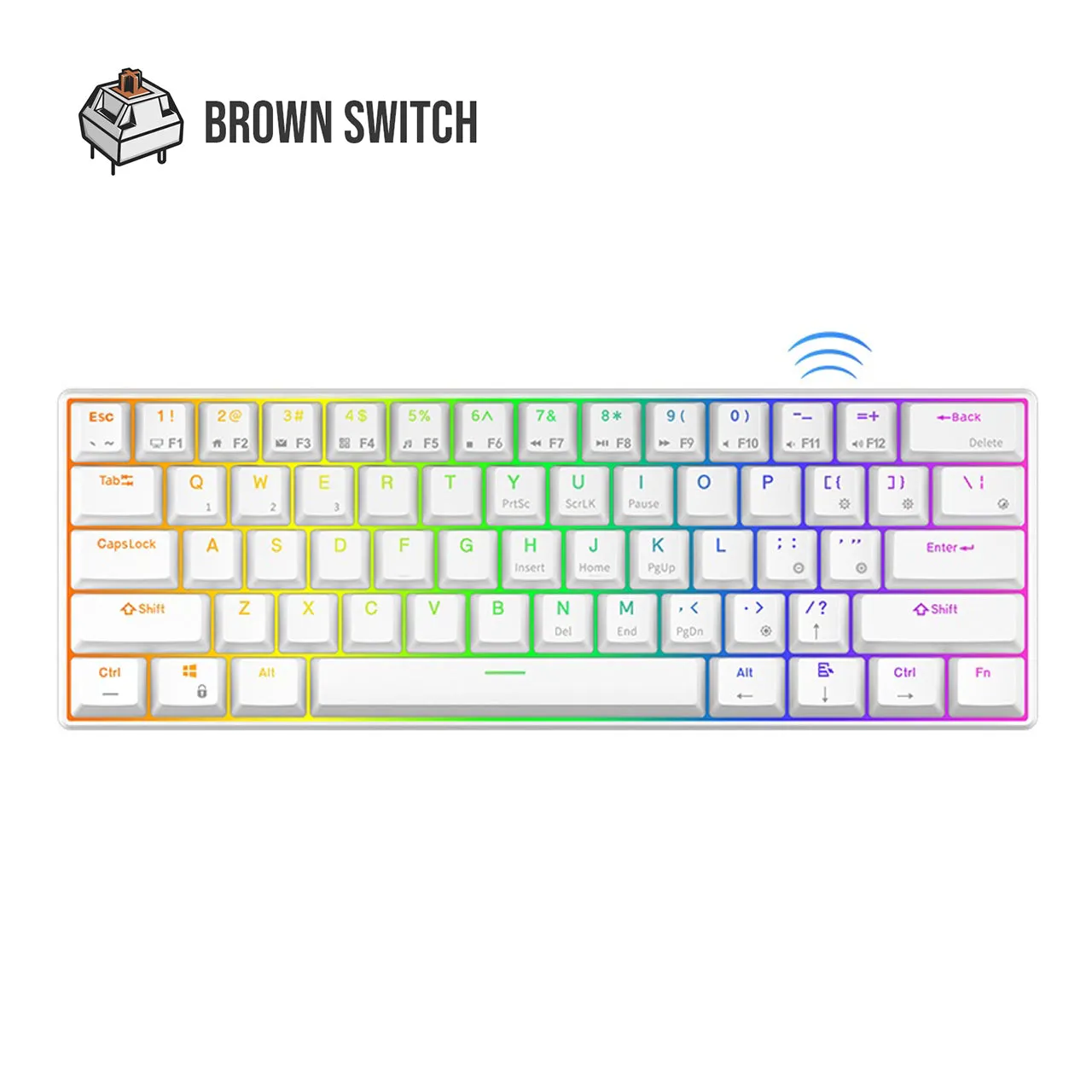 Royal Kludge RK RK61 RGB 61 Keys Mechanical Gaming Keyboard 2.4G Wireless Wired Hot Swappable with Bluetooth 5.0 (White, Black) (Available in Blue Clicky, Red Linear, and Brown Tactile Switch)