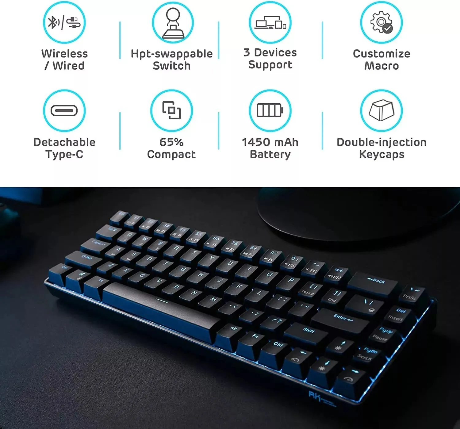 Royal Kludge RK68 Tri-Mode RGB Hot Swap Mechanical Keyboard (Black with Blue Switch)