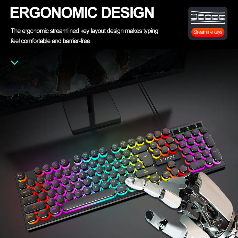 Spill Resistant Wired 104 Keys Gaming Keyboard with Multimedia Keys & Rainbow Backlit for Win/Mac