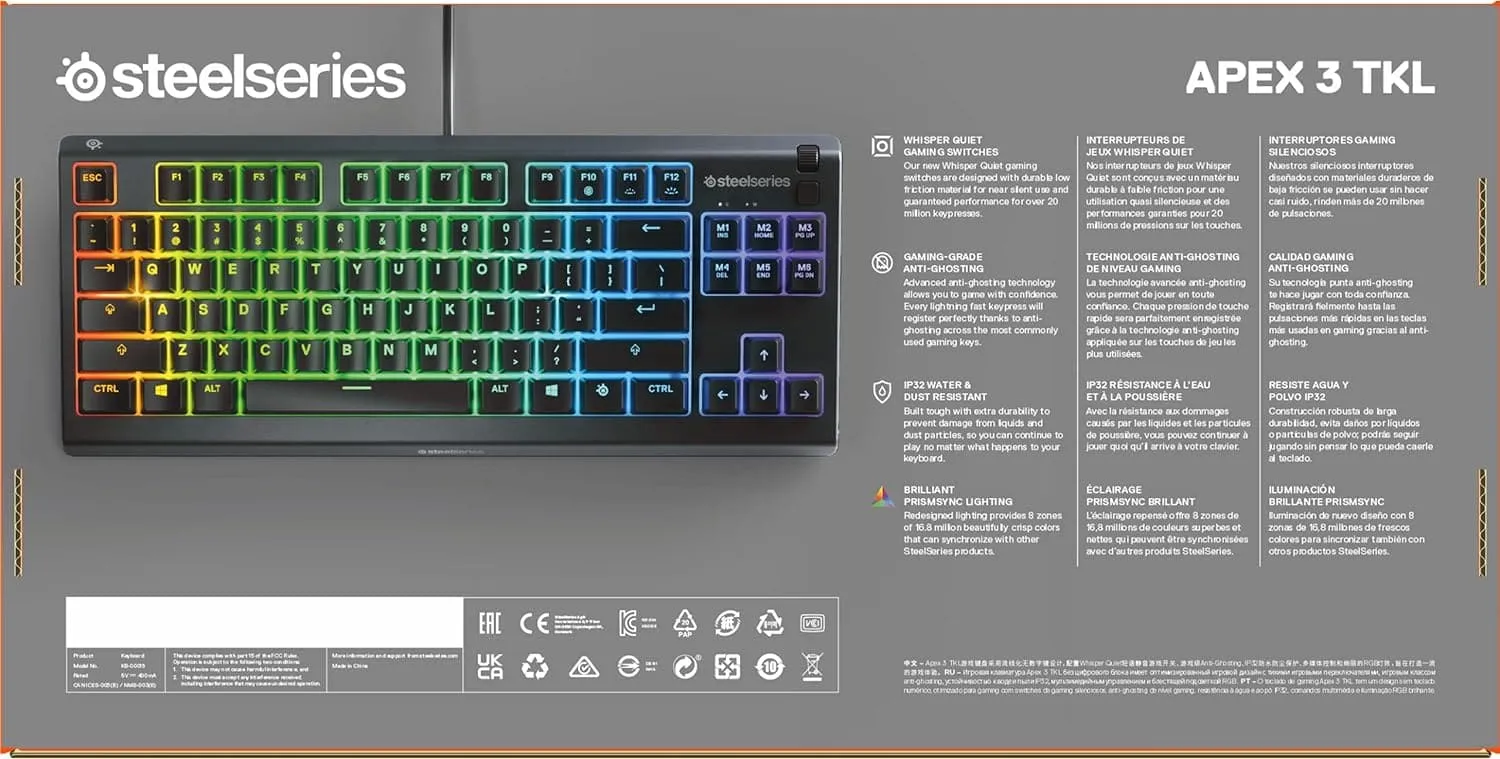 SteelSeries Apex 3 TKL - RGB Gaming Keyboard - Tenkeyless Compact Esports Form Factor - 8-Zone RGB Illumination - IP32 Water & Dust Resistant - English QWERTY Layout