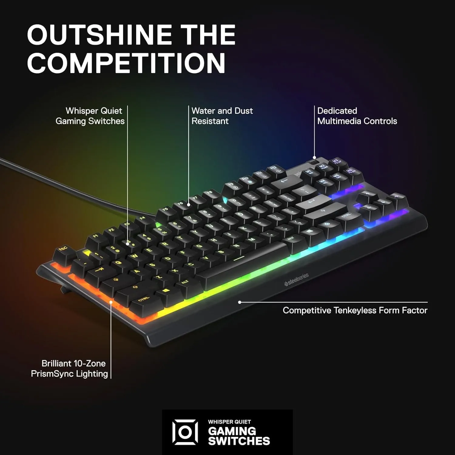 SteelSeries Apex 3 TKL - RGB Gaming Keyboard - Tenkeyless Compact Esports Form Factor - 8-Zone RGB Illumination - IP32 Water & Dust Resistant - English QWERTY Layout