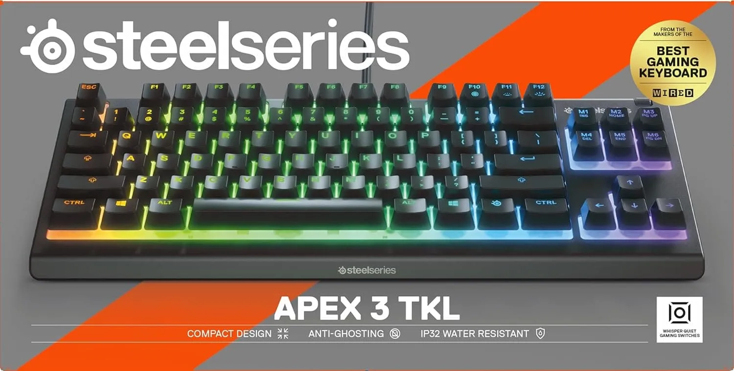 SteelSeries Apex 3 TKL - RGB Gaming Keyboard - Tenkeyless Compact Esports Form Factor - 8-Zone RGB Illumination - IP32 Water & Dust Resistant - English QWERTY Layout