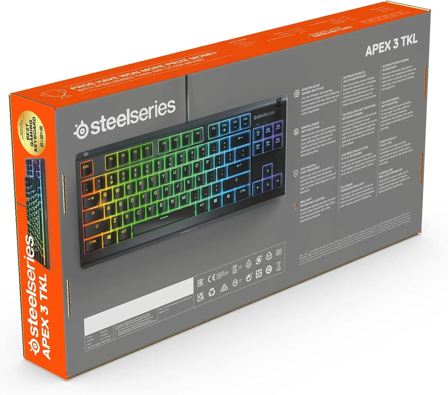 SteelSeries Apex 3 TKL - RGB Gaming Keyboard - Tenkeyless Compact Esports Form Factor - 8-Zone RGB Illumination - IP32 Water & Dust Resistant - English QWERTY Layout