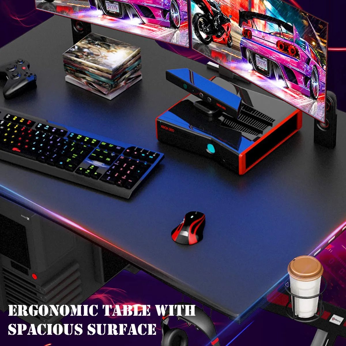 Tangkula Computer Desk Gaming Desk, E-Sports Gaming Workstation with Cup Holder & Headphone Holder