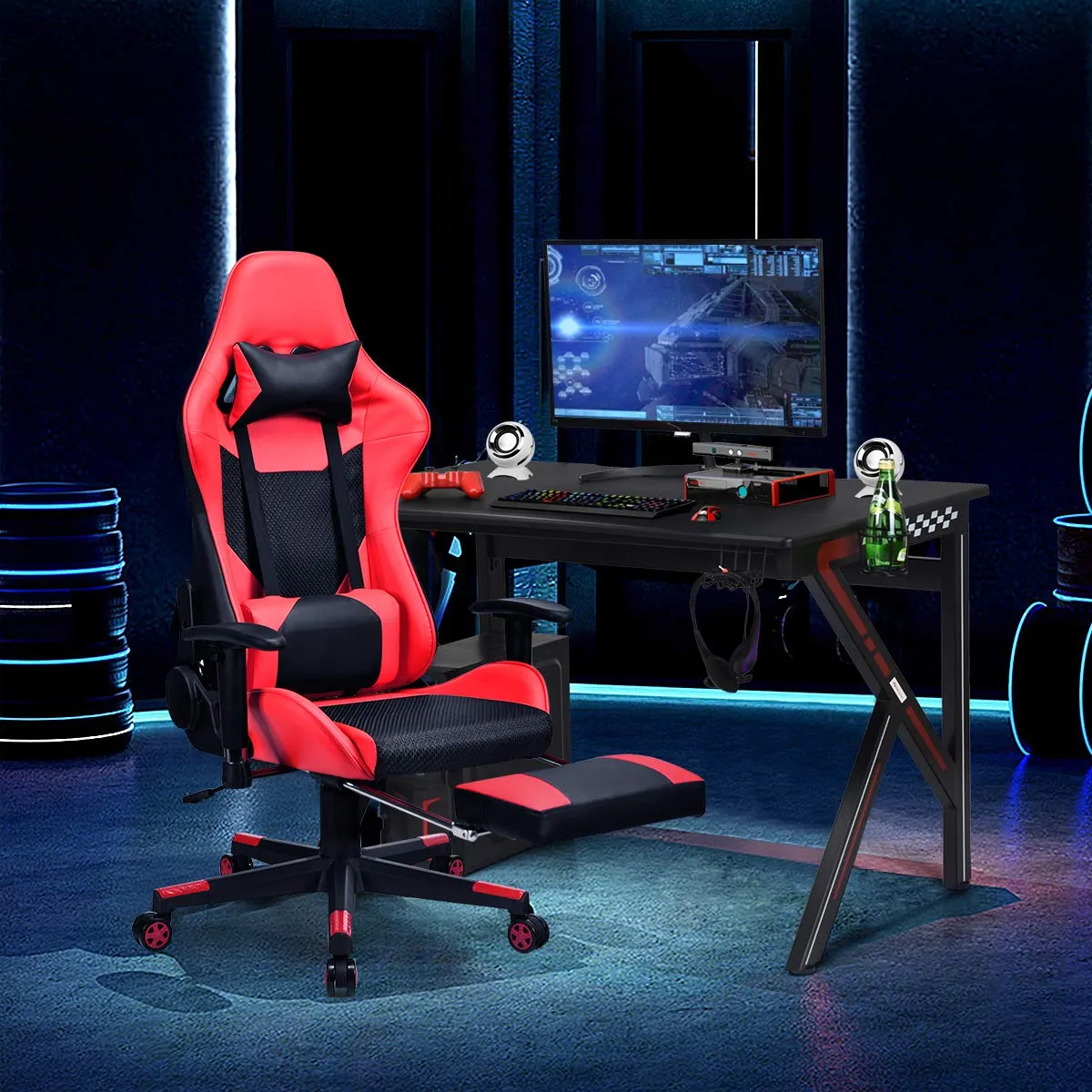 Tangkula Computer Desk Gaming Desk, E-Sports Gaming Workstation with Cup Holder & Headphone Holder