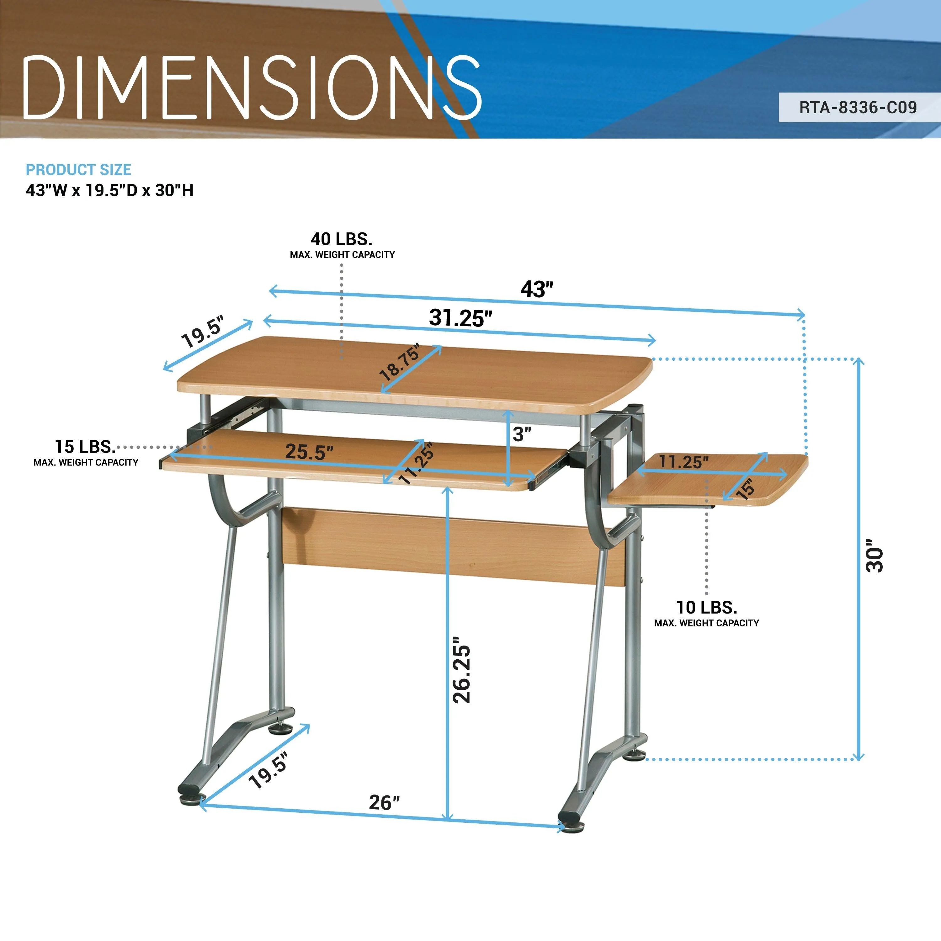 Techni Mobili Compact Computer Desk with Side Shelf and Keyboard Panel, Cherry