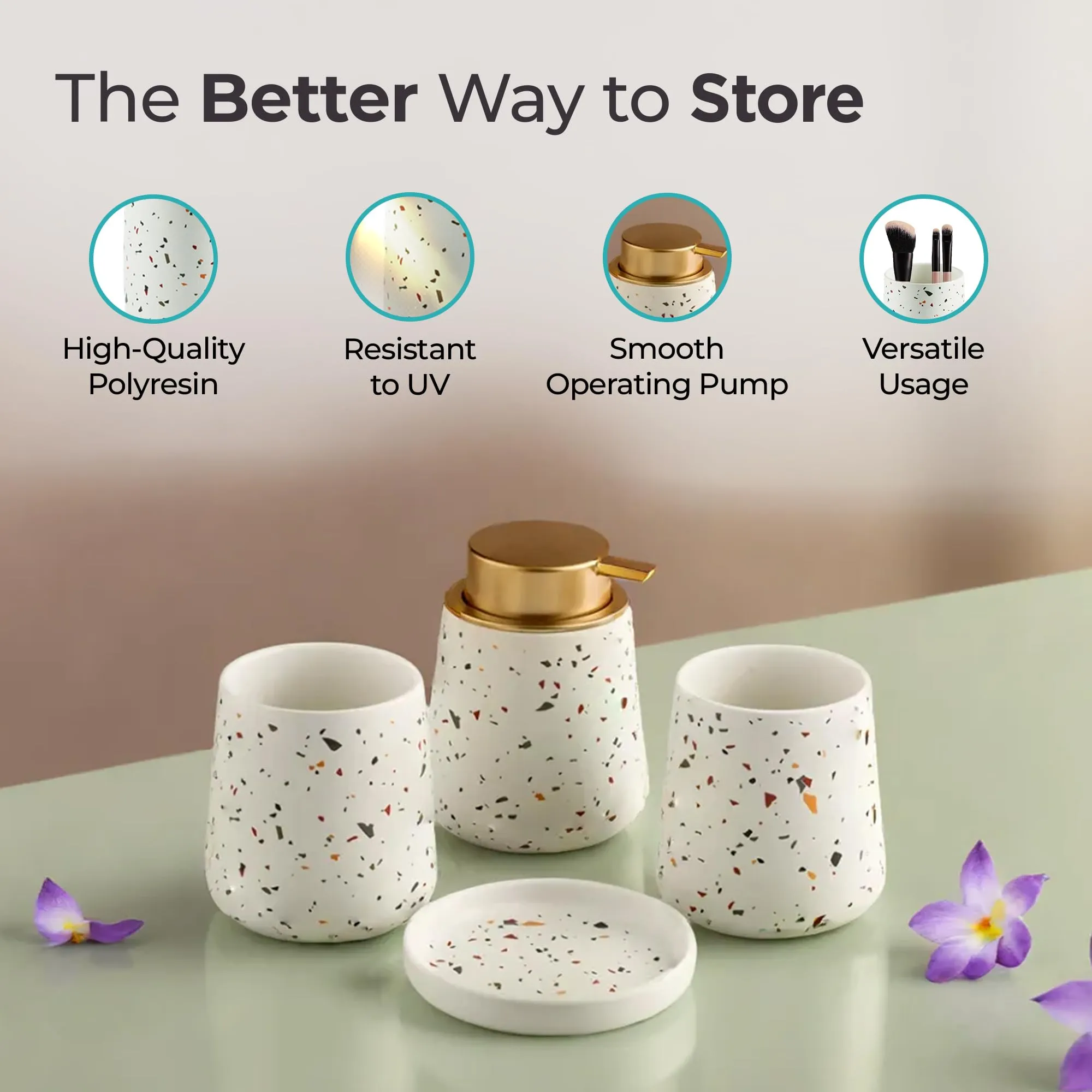 The Better Home 4Pcs Ceramic Bathroom Accessories Set | Bathroom Organiser- Soap Dispenser for Bathroom(420ML), Soap Dish, Toothbrush Holder & Mouthwash Cup | Bathroom Decor Items-White