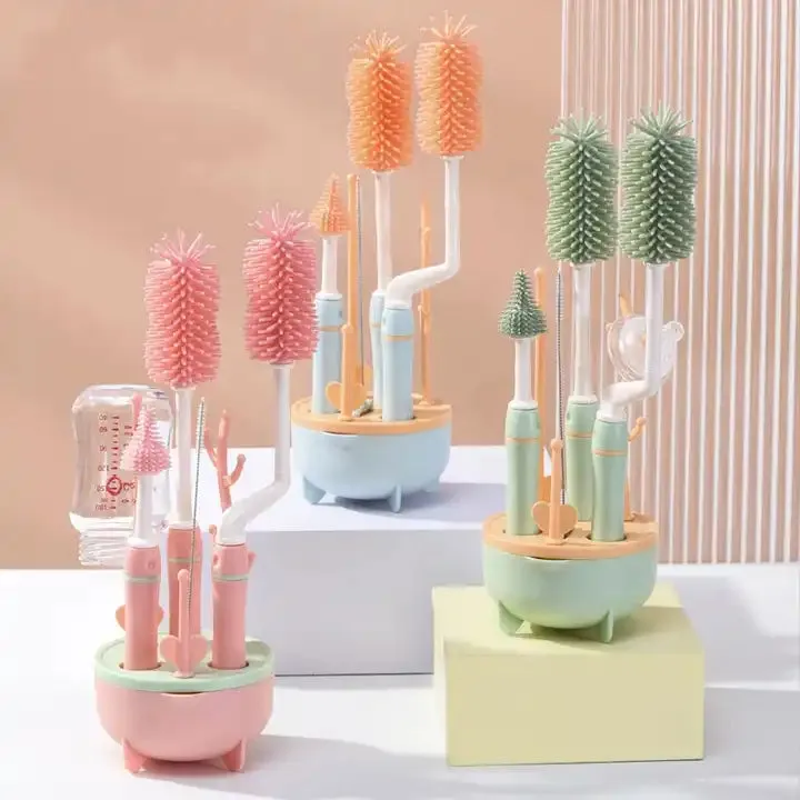 THE LITTLE LOOKERS Silicone Bottle Brush Set with Stand, 360° Rotating Silicone Bottle Cleaning Brush Cleaner Set, Long Handle 4 in 1 Multipurpose Silicone Baby Bottle Straw Cleaner Brush