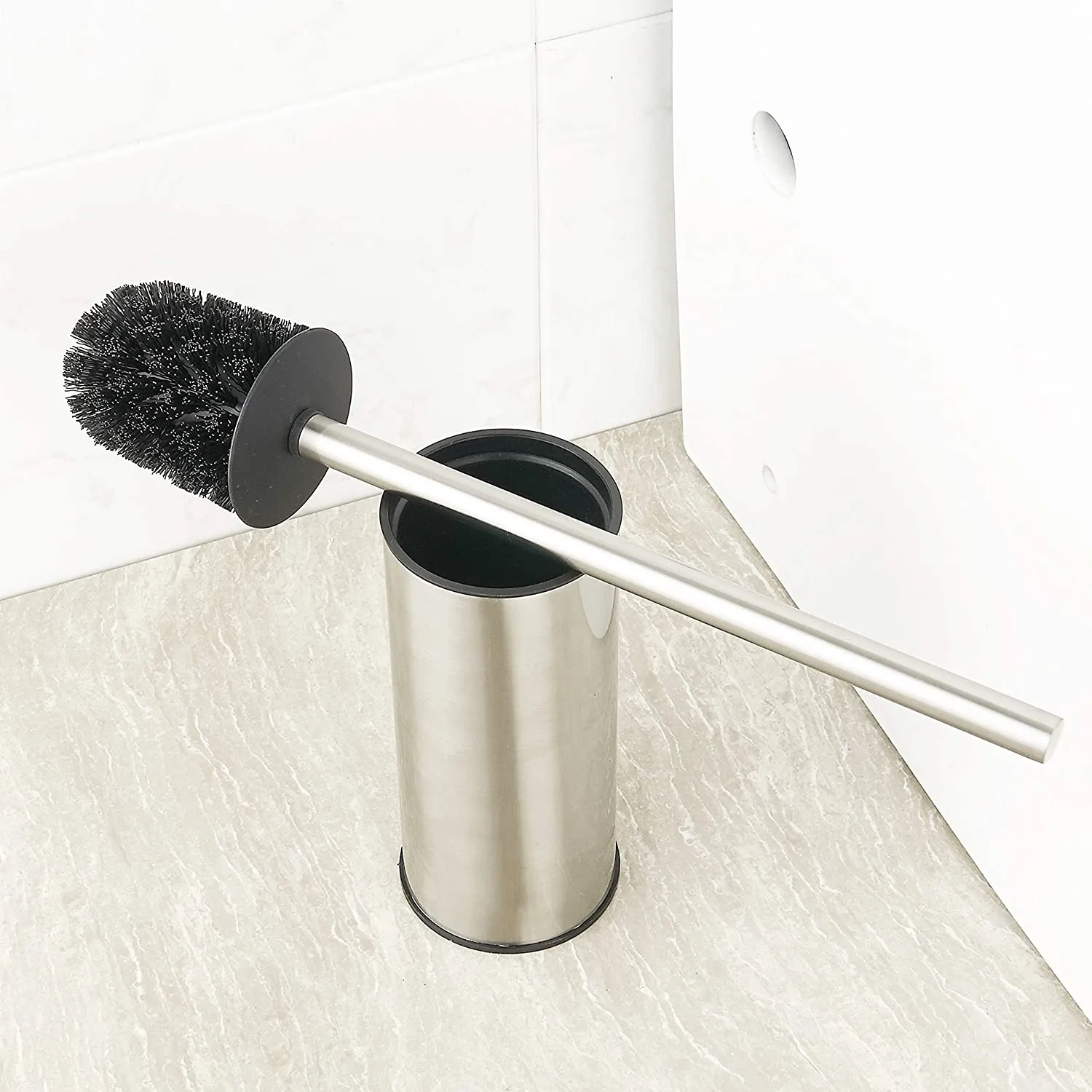 Toilet Brush Holder Brushed Nickel, Stainless Steel 304 Brushed Nickel Round Freestanding Toilet Bowl Brush and Holder for Bathroom