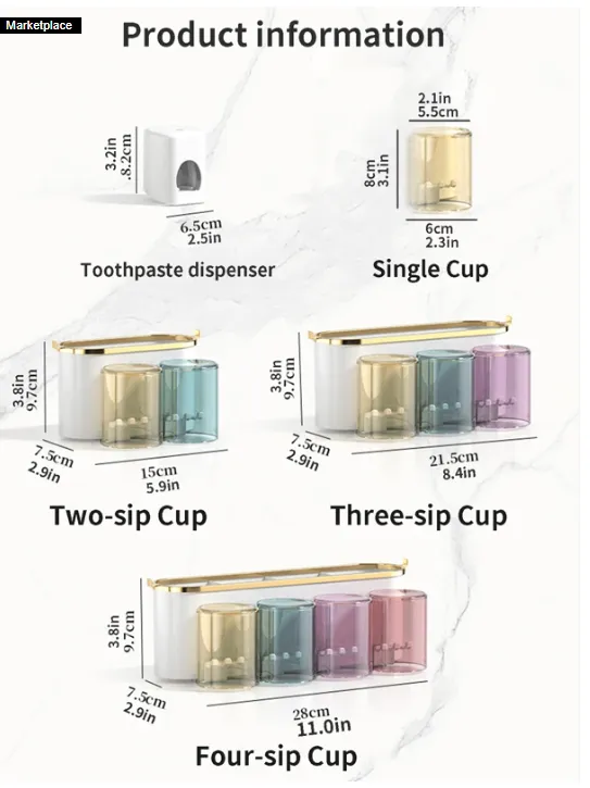 Toothbrush Holder With 4 Cups And Toothpaste Dispenser