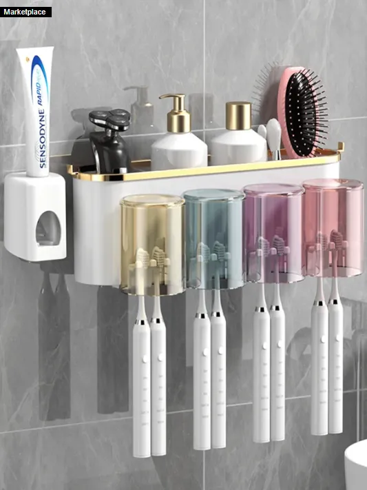 Toothbrush Holder With 4 Cups And Toothpaste Dispenser