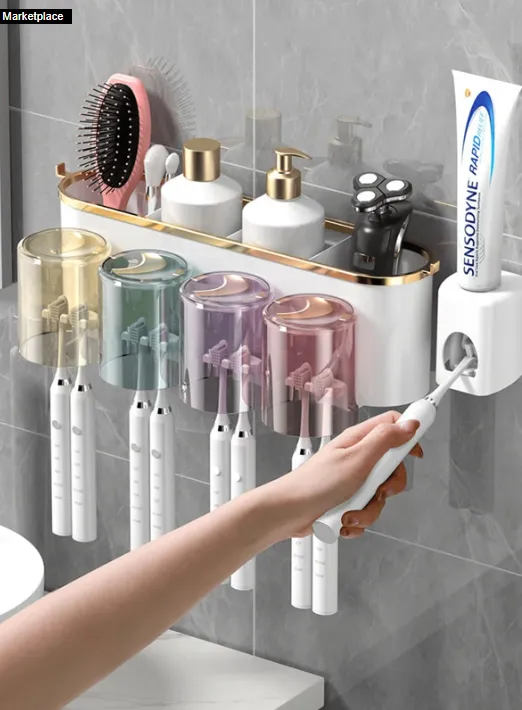 Toothbrush Holder With 4 Cups And Toothpaste Dispenser