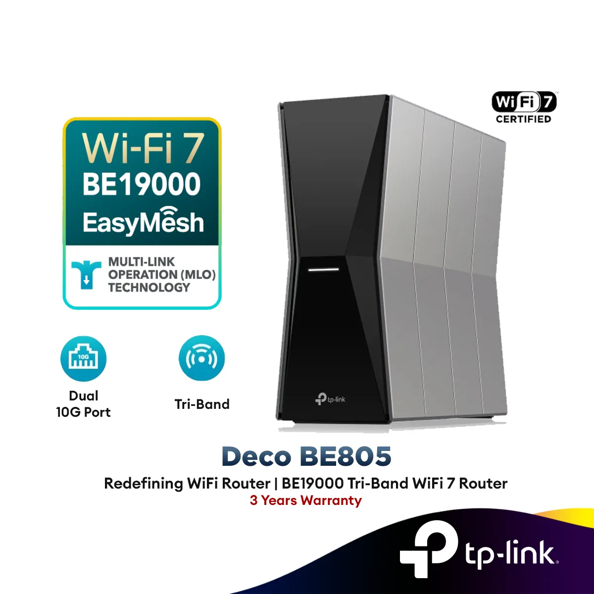 TP-Link Archer BE805 BE19000 Tri-Band Wi-Fi 7 Router | Replace Archer BE800 | Speeds up to 19 Gbps | Dual 10 G Ports | EasyMesh | HomeShield