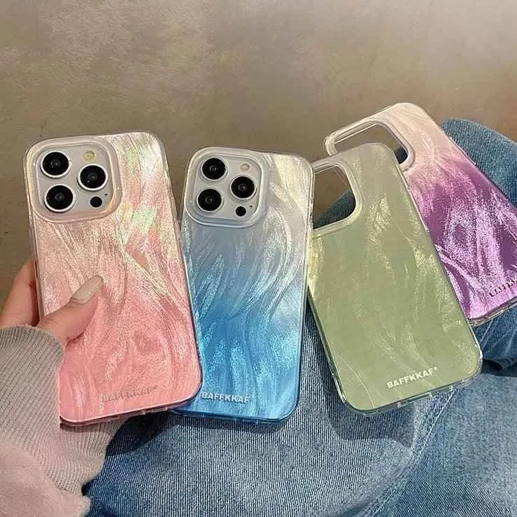 TSP64 Cute Phone Case for iPhone 11, 12, 13, 14, 15 Pro Max, and 15 Plus - Stylish Laser Gradient Feather Pattern