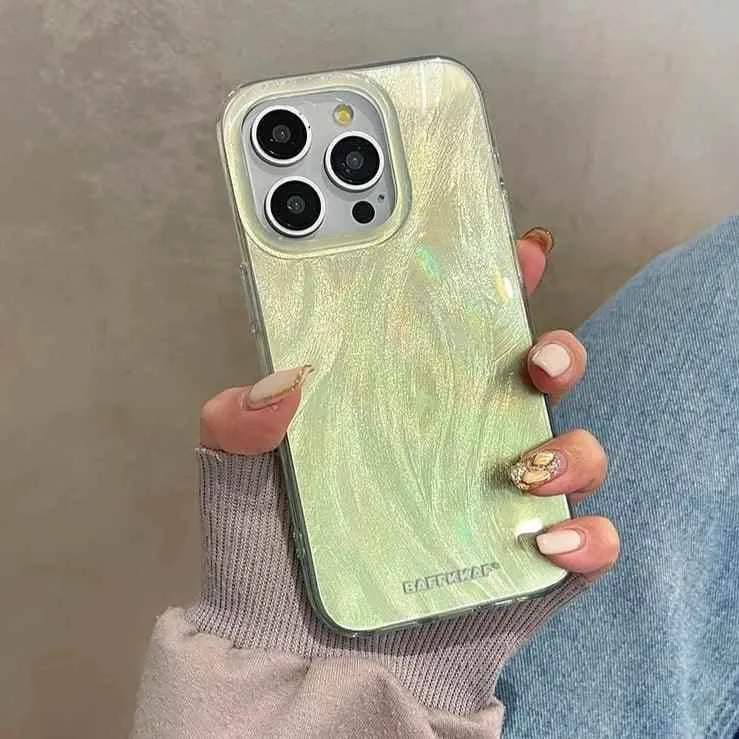 TSP64 Cute Phone Case for iPhone 11, 12, 13, 14, 15 Pro Max, and 15 Plus - Stylish Laser Gradient Feather Pattern