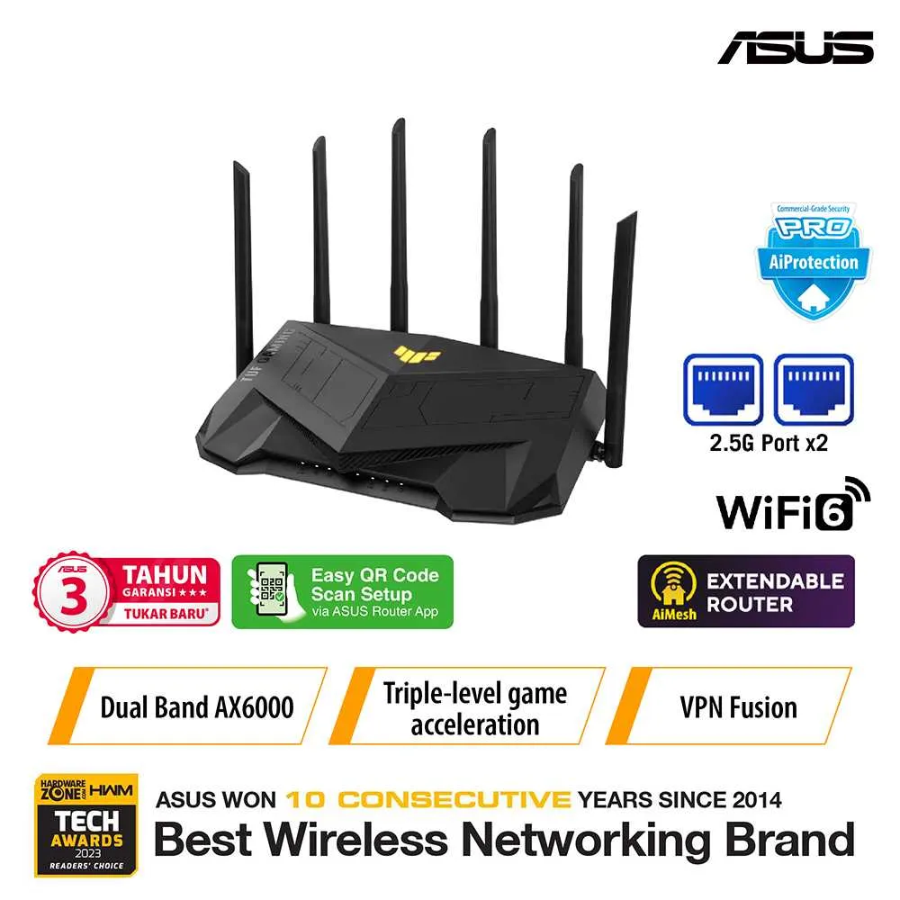 TUF Gaming AX6000 (TUF-AX6000) TUF Gaming AX6000 Dual Band WiFi 6 Gaming Router with dedicated Gaming Port, Dual 2.5G Port, 3steps port forwarding, AiMesh for mesh WiFi, AiProtection Pro network security and AURA RGB lighting