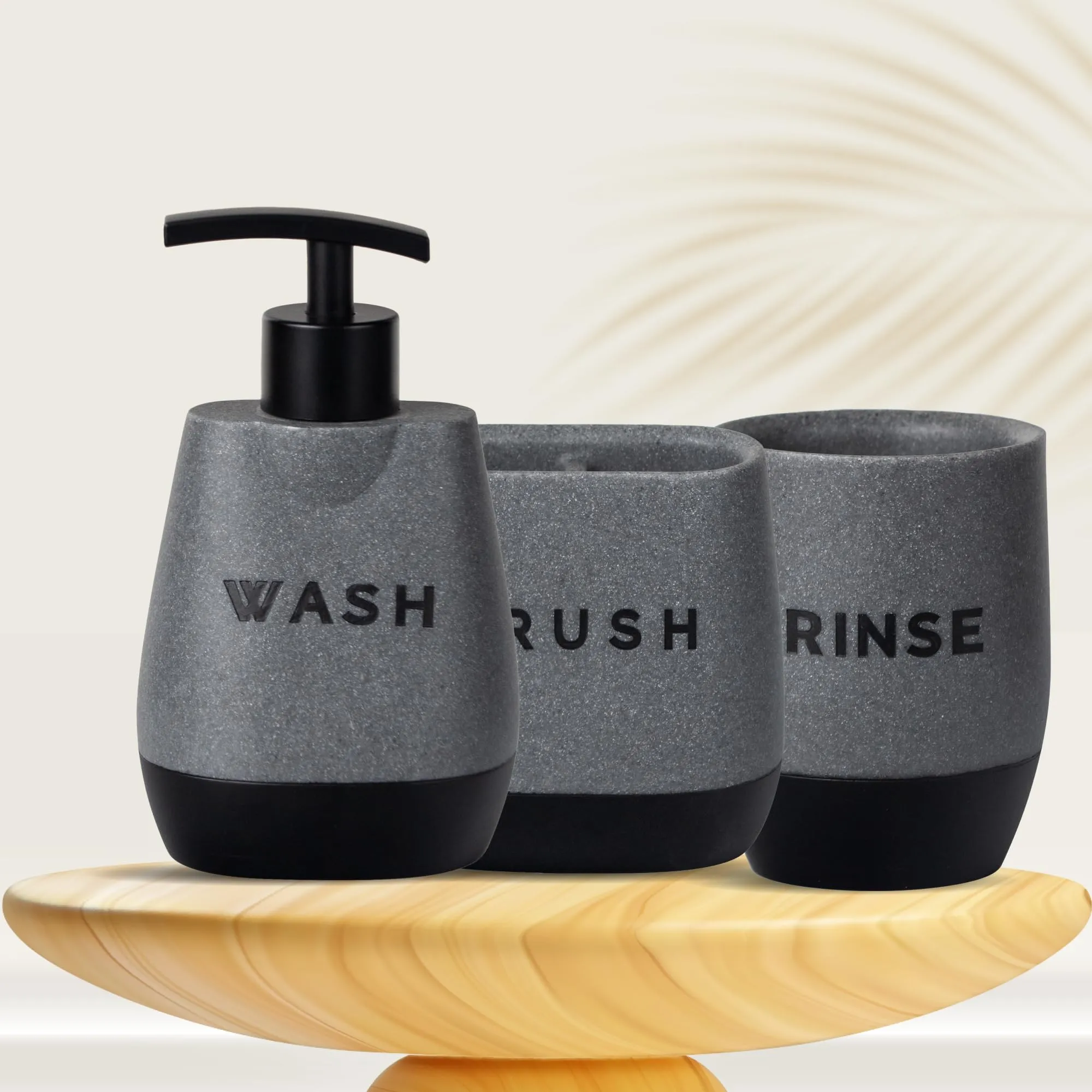 UMAI 3 Pcs Polyresin Bathroom Accessories Set | Liquid Soap Dispenser For Bathroom | Toothbrush Holder | Tumbler | Handwash Dispenser | Bathroom Accessories | Soap Dispenser For Kitchen | Black - Grey