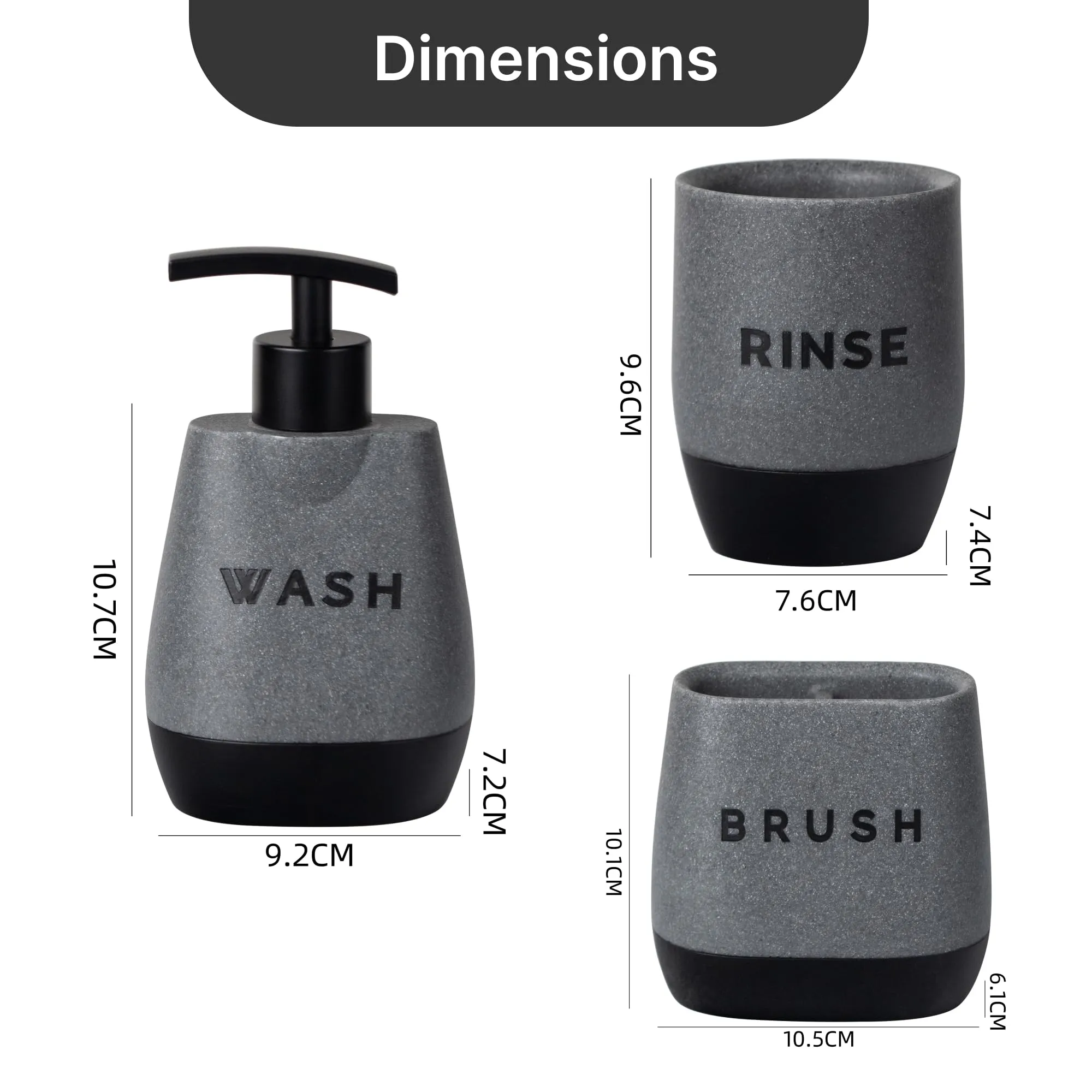 UMAI 3 Pcs Polyresin Bathroom Accessories Set | Liquid Soap Dispenser For Bathroom | Toothbrush Holder | Tumbler | Handwash Dispenser | Bathroom Accessories | Soap Dispenser For Kitchen | Black - Grey