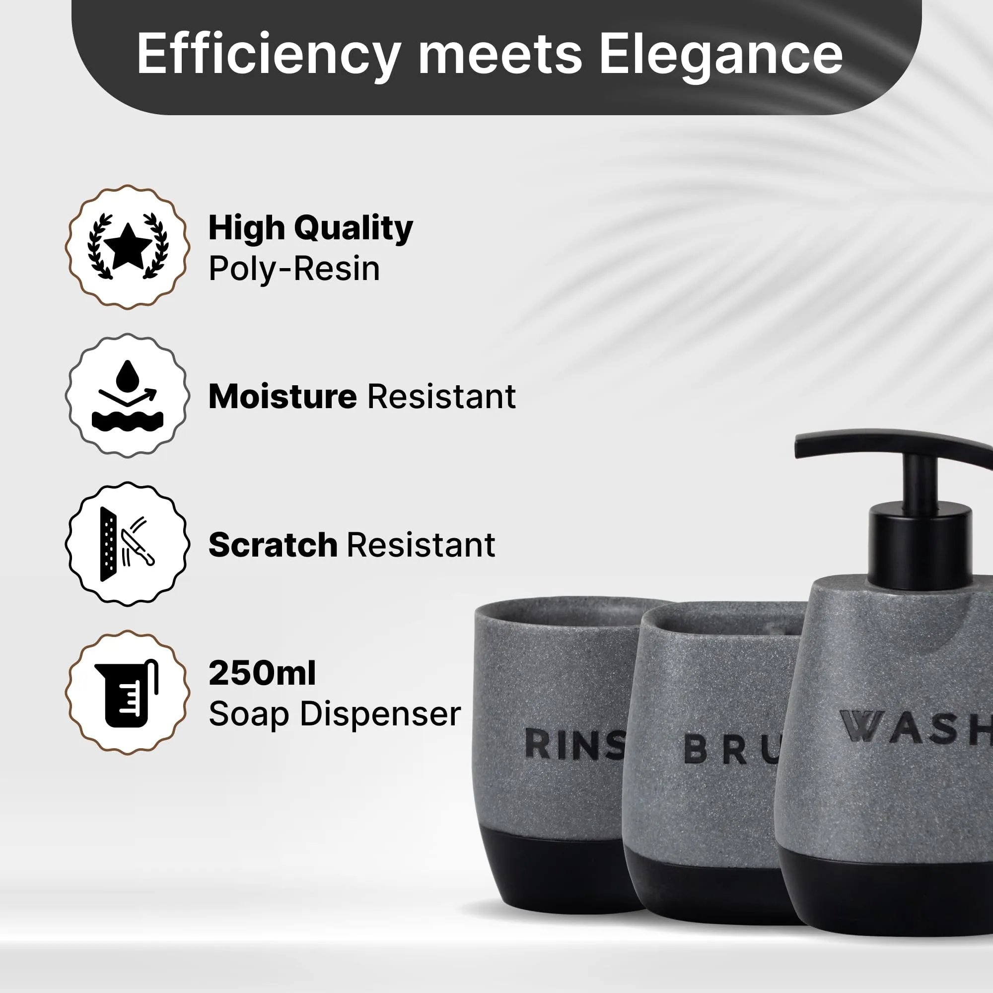 UMAI 3 Pcs Polyresin Bathroom Accessories Set | Liquid Soap Dispenser For Bathroom | Toothbrush Holder | Tumbler | Handwash Dispenser | Bathroom Accessories | Soap Dispenser For Kitchen | Black - Grey