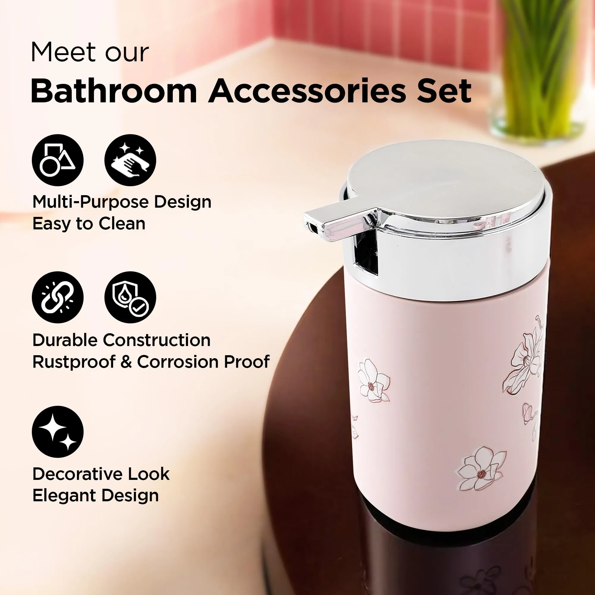 UMAI Bathroom Accessories Set of 4 Pcs | Soap Dispenser for Bathroom (7*7*13cm) | Toothbrush Holder (7*7*11cm) | Soap Case for Bathroom (13*9*2cm) | Mouth wash cup | Printed Bathroom Accessories Items