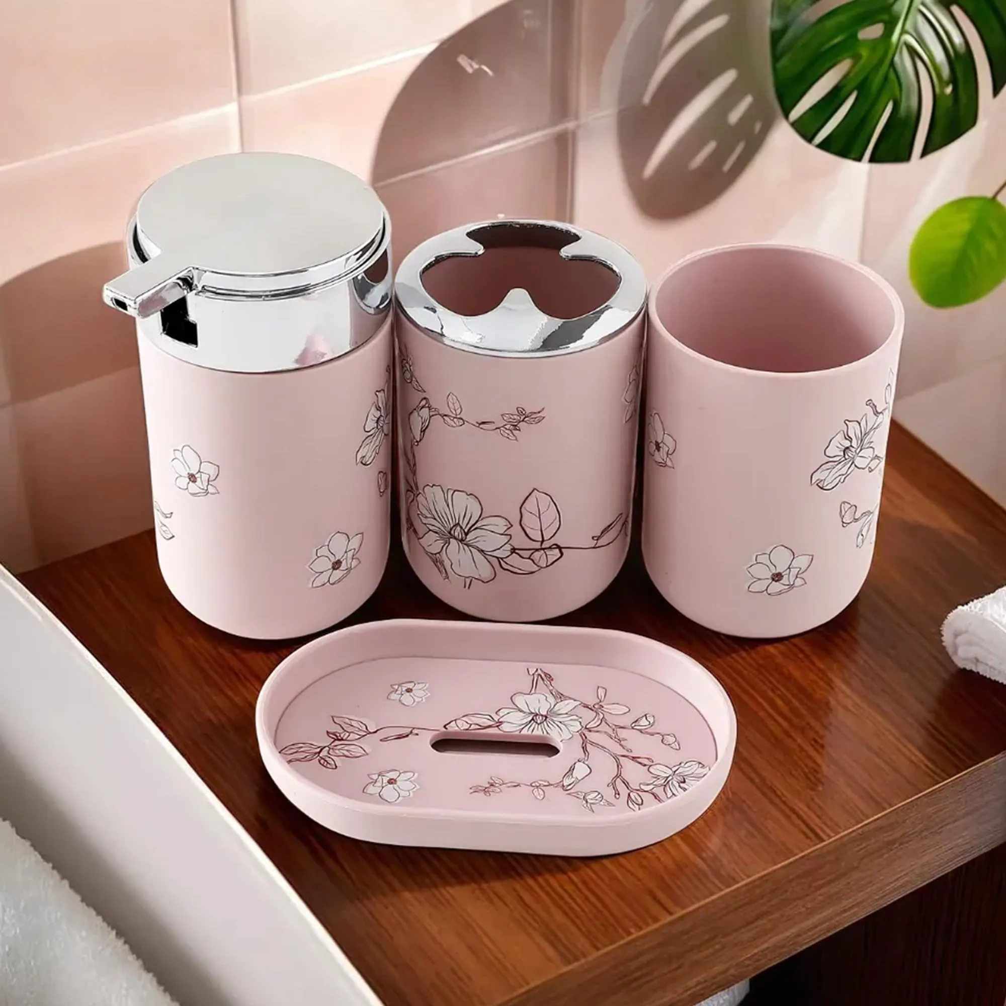 UMAI Bathroom Accessories Set of 4 Pcs | Soap Dispenser for Bathroom (7*7*13cm) | Toothbrush Holder (7*7*11cm) | Soap Case for Bathroom (13*9*2cm) | Mouth wash cup | Printed Bathroom Accessories Items