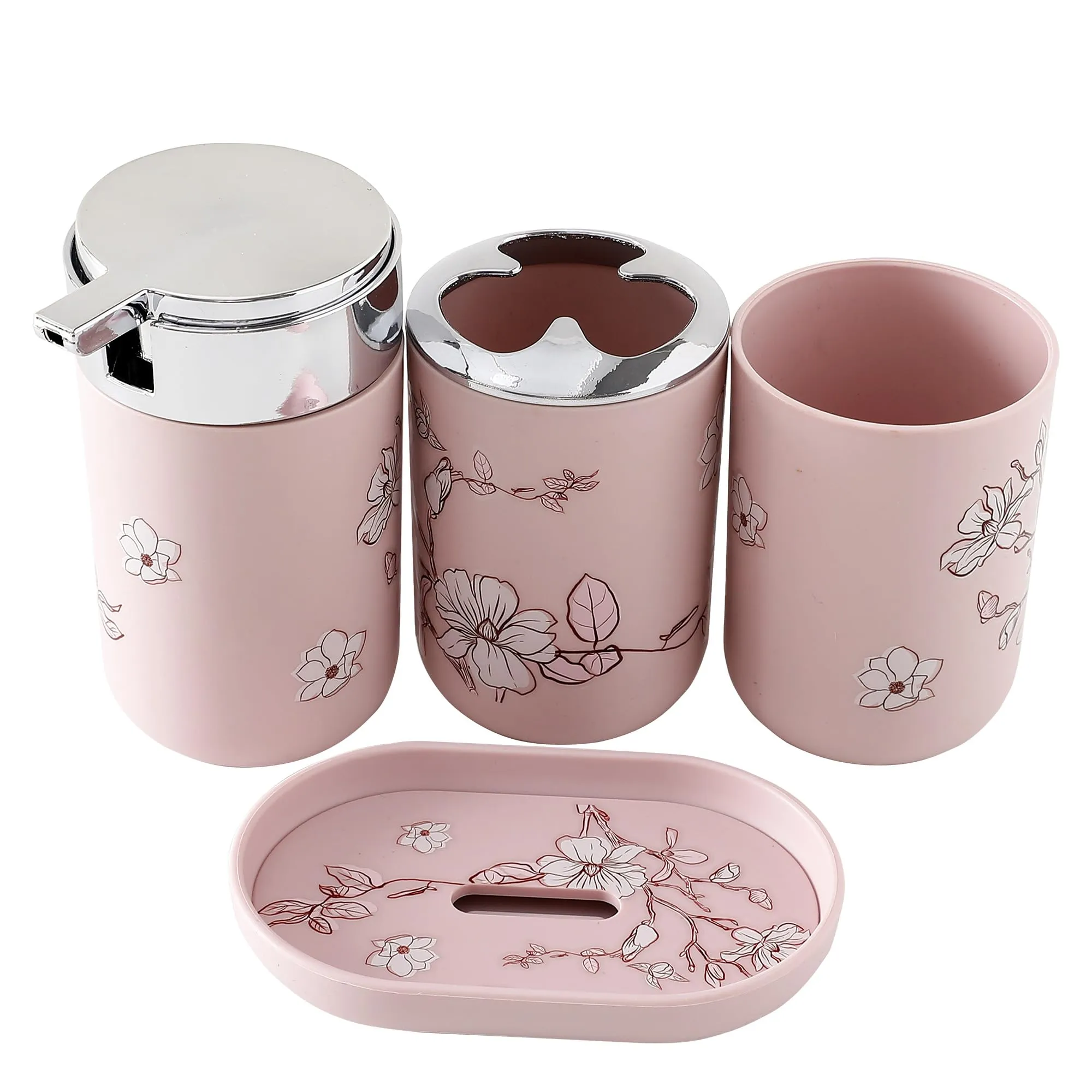 UMAI Bathroom Accessories Set of 4 Pcs | Soap Dispenser for Bathroom (7*7*13cm) | Toothbrush Holder (7*7*11cm) | Soap Case for Bathroom (13*9*2cm) | Mouth wash cup | Printed Bathroom Accessories Items