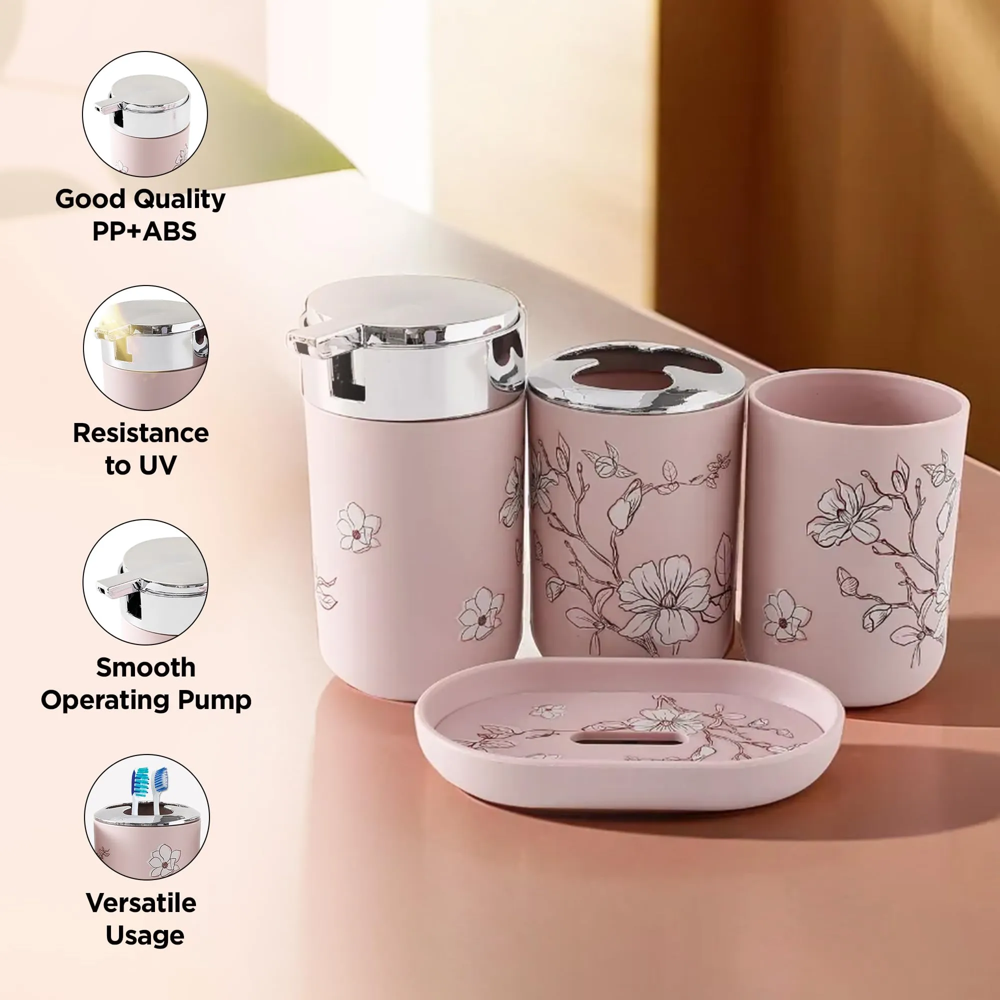 UMAI Bathroom Accessories Set of 4 Pcs | Soap Dispenser for Bathroom (7*7*13cm) | Toothbrush Holder (7*7*11cm) | Soap Case for Bathroom (13*9*2cm) | Mouth wash cup | Printed Bathroom Accessories Items