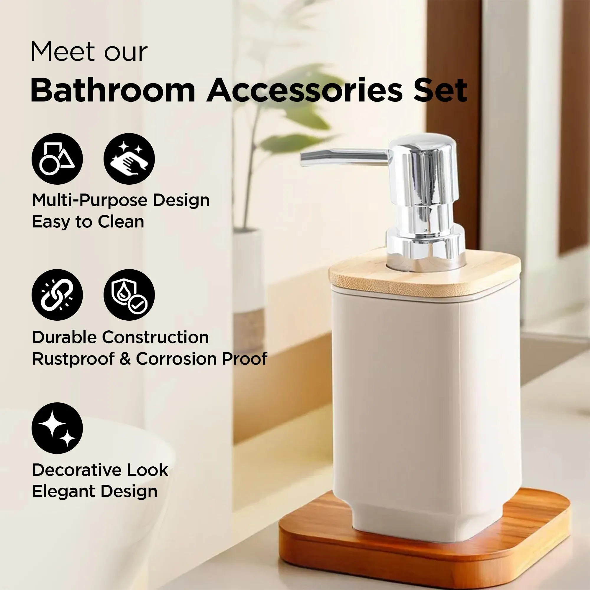 UMAI Bathroom Accessories Set of 4 Pcs | Soap Dispenser for Bathroom(7 * 7 * 17cm) | Toothbrush Holder | Soap Case for Bathroom | Mouth Wash Cup Bathroom Accessories Items