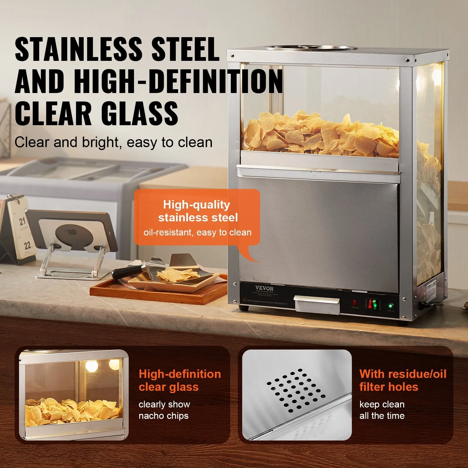 Vevor Nacho Chip Warmer 84.5 Qt Countertop Unit with Tempered Glass 300W Heating Base New