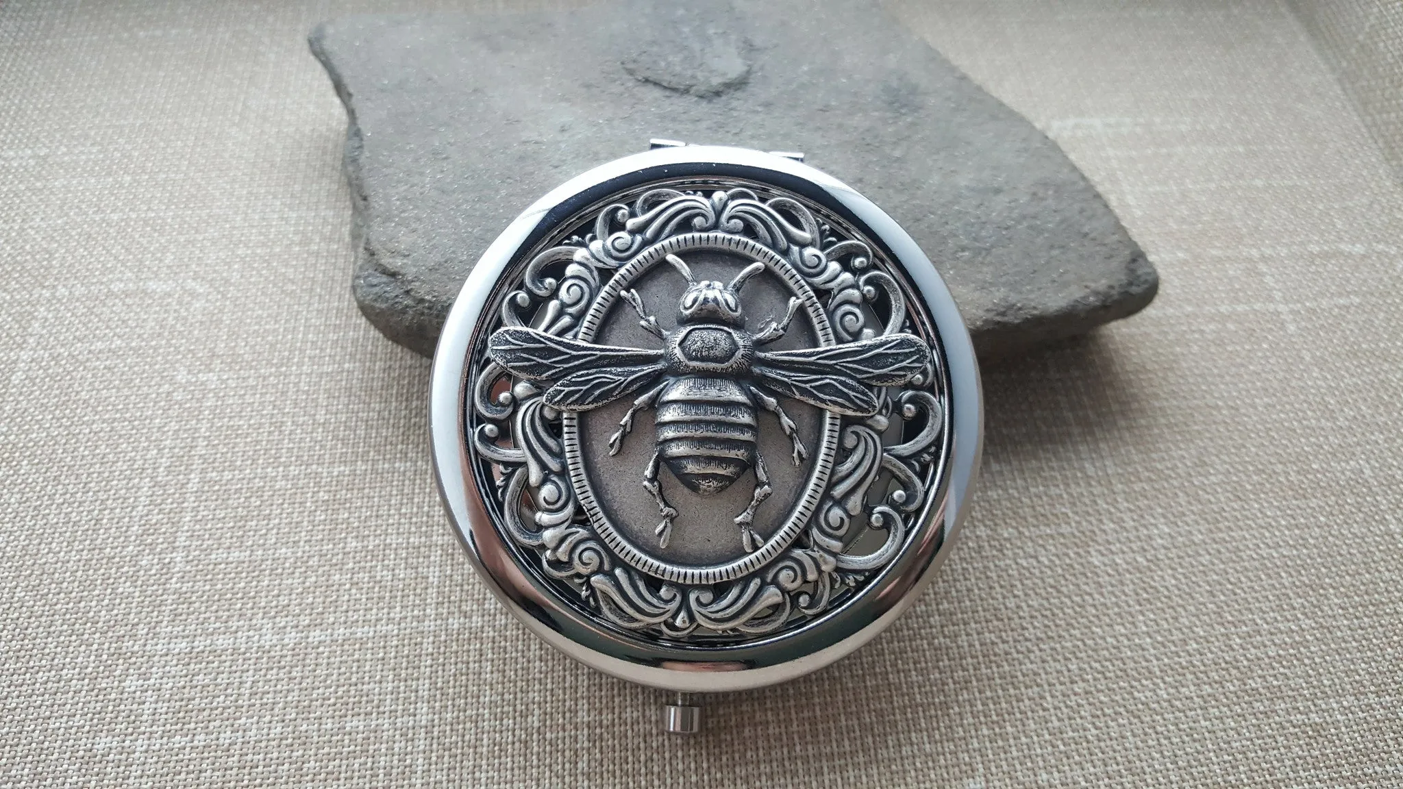 Victorian Silver Bee Steampunk Compact Mirror