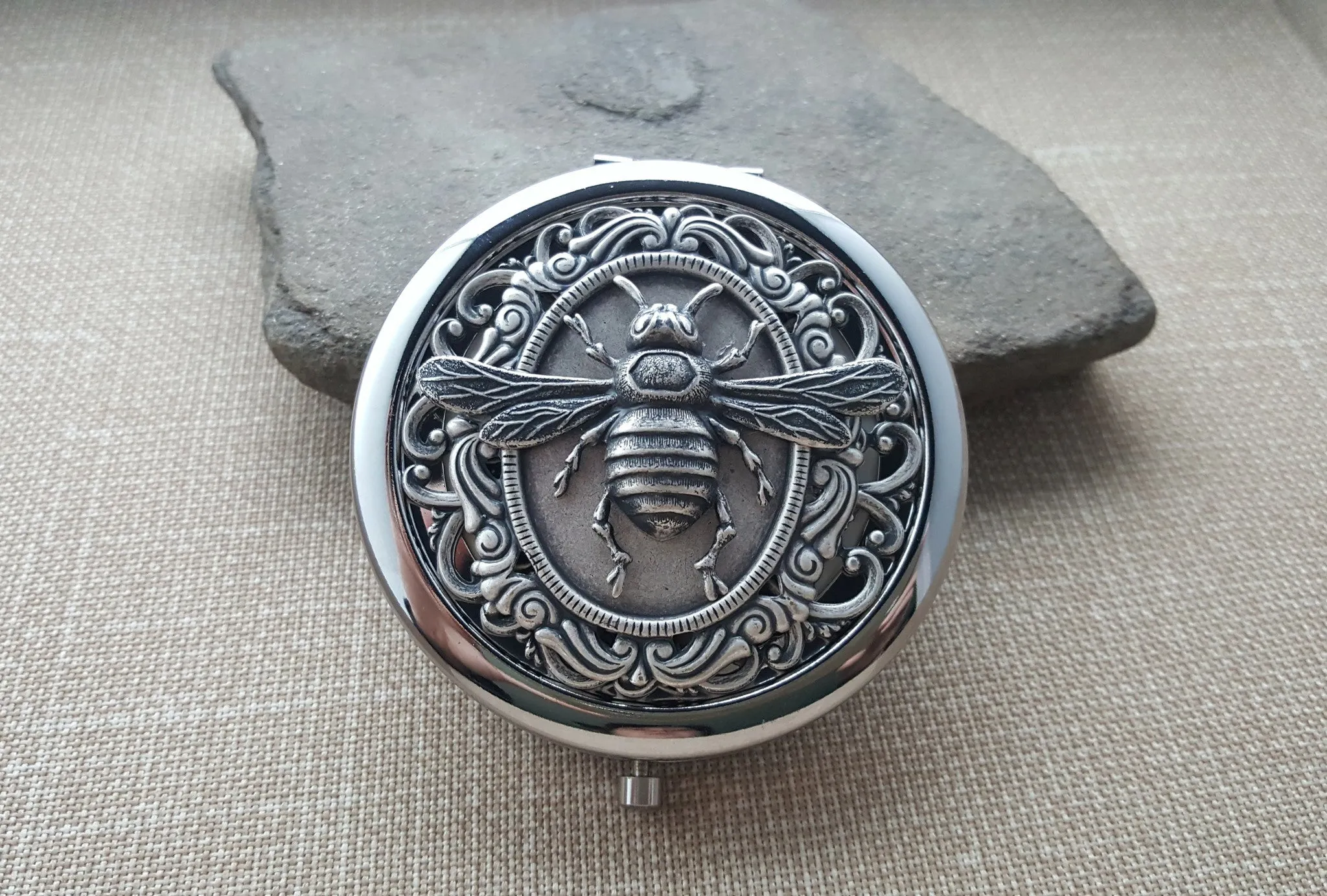 Victorian Silver Bee Steampunk Compact Mirror