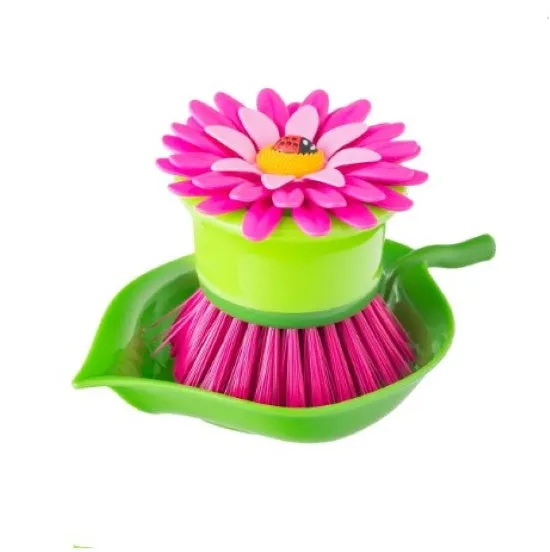 Vigar Flower Power Palm Dish Brush With Holder Pink