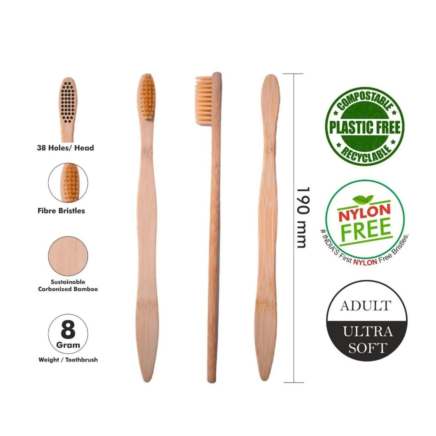 Wooden Bamboo Toothbrush | Pack of 2 | Ultra-Soft Bristles | BPA Free | Biodegradable and Compostable