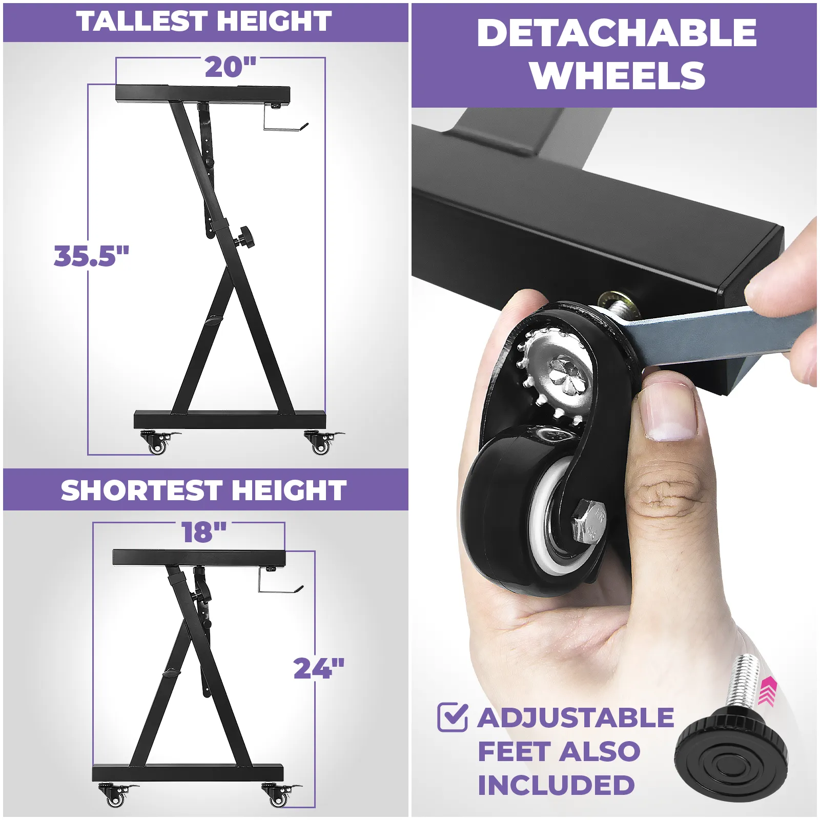 WS Adjustable Z Shape Black Keyboard Stand with Wheels